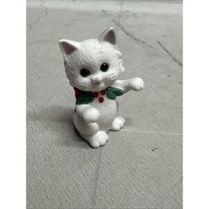 Vintage Porcelain White Cat By Lefton With Red Now - Collectible Cat Figurine